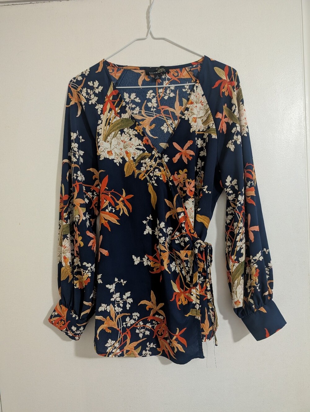 Suzanne Betro Navy Floral Chiffon Wrap Blouse Long Balloon Sleeve Small